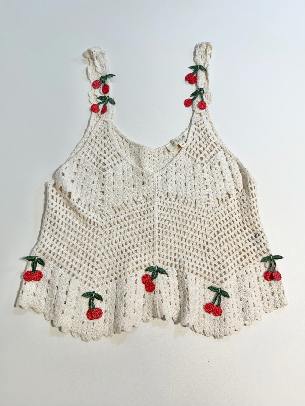 Crochet cherry tank top 100% cotton open weave sweater ruffle babydoll fruit red - Picture 7 of 12